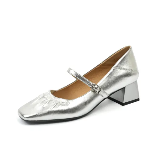 Zubumei Грубый каблук Туфли Мэри Джейн 5CM Женские Серебряные