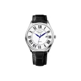 Мужской, серебряный корпус, белый циферблат, черная телячья кожа