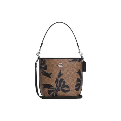 COACH Городская Сумка-ведро из Покрытого Холста Плечевая Сумка Маленькая Женская Коричневая