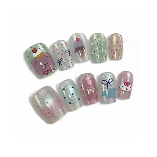 T Z Luxe Handmade Nail Polish Медвежонок Cartoon Cute Студенты Звезды Бант Гороховый узор Съемный False Nail