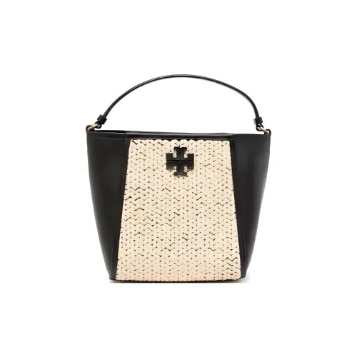 TORY BURCH McGraw Raffia Кожаная Вставка Ведрообразная Сумка Портативная Одно Плечо Сумка через Плечо Маленькая Женская Черная и Соломенная