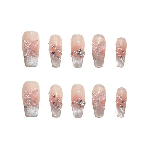 XIAMEIYU Французский Ледяной Прозрачный Зеркальце Луна Бабочка Кошачий глаз Премиум Feel False Nail Короткий LADDER Розовый Смудж 20мм