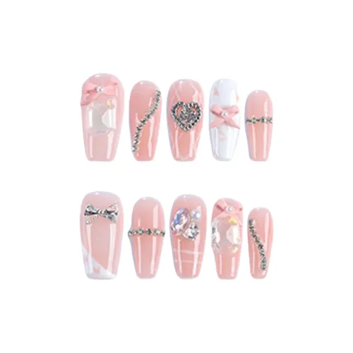 Song Biography Сладкий стиль Сердце Металл Цепь 3D эффект Бант False Nail Средний LADDER Розовый Однотонный 25mm 30MM