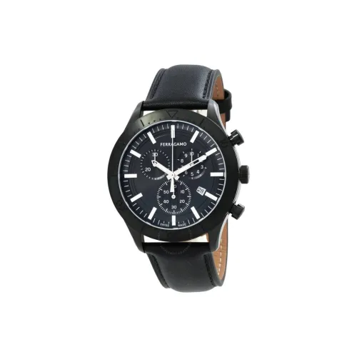 FERRAGAMO Наручные часы Кварцевый механизм Кожаный ремешок 43 мм Черный циферблат Мужские часы