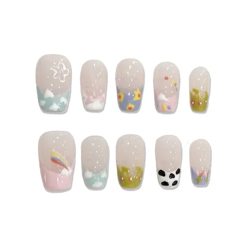 XIAMEIYU HAND DRAWN Милый Французский Облако Радужный Nail Art 20mm Мультяшный Свежий Корова False Nail Короткий LADDER