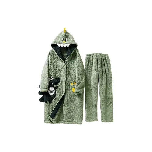 O'MESIK Зеленый [Флисовый халат + Флисовые штаны] Мужской пижамный комплект