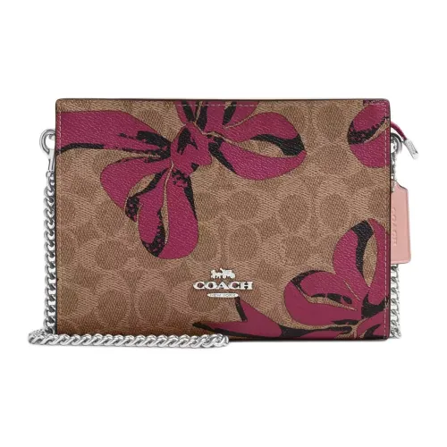 COACH Покрытие Холст Сумка через плечо Сумка на плечо Маленькая Женская Коричневая и Розовая
