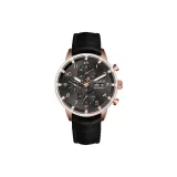 Чёрный циферблат, коричневый ремешок.