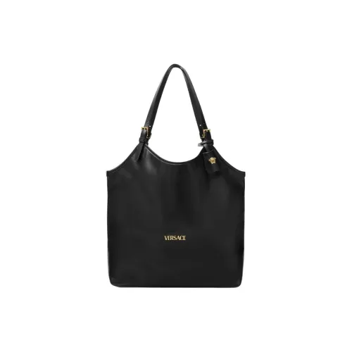 VERSACE Этикетка Корова Кожа Тоут Сумка Сумка для покупок Сумка через плечо Сумка среднего размера Женская Черная