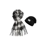 Черный и серый тонкий шарф в клетку + черная вязаная шапка