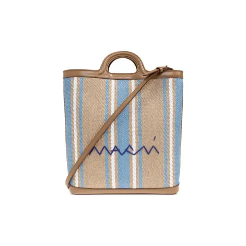 MARNI Ткань с кожаными вставками Тоут Сумка Сумка для покупок Сумка через плечо Сумка Женская Бежевая и Синяя