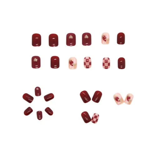 XIBI False Nail Съемный Бордовый Возлюбленная Осветляющий Шахматный узор Сердце Накладные ногти Короткий LADDER