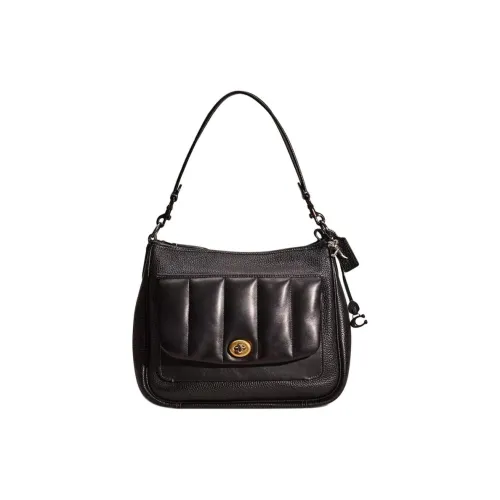 COACH Cary Pebble Leather Shoulder Bag Large Women's Black