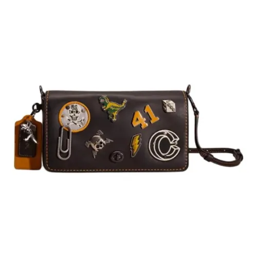 COACH Dinky Дубленая кожа Перчатка Сумка через плечо Маленькая Унисекс Олово Сплав Черный Мед