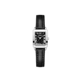 Серебряный корпус с черным циферблатом, черный ремешок.