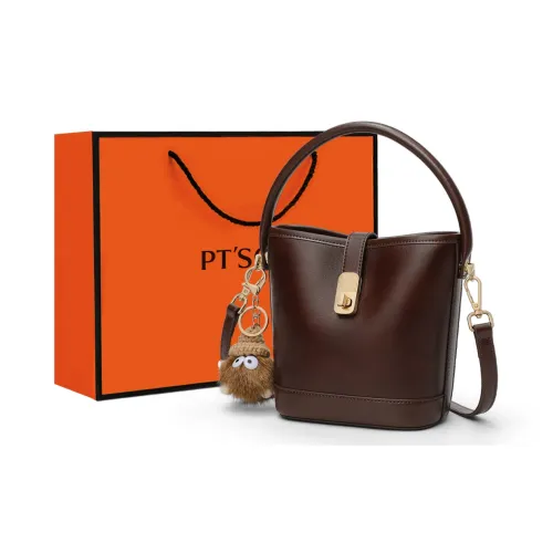 PT'SON Коровья кожа Ведрообразная сумка Сумка Сумка через плечо Сумка через плечо Стандартная Женская Винно-кофейный