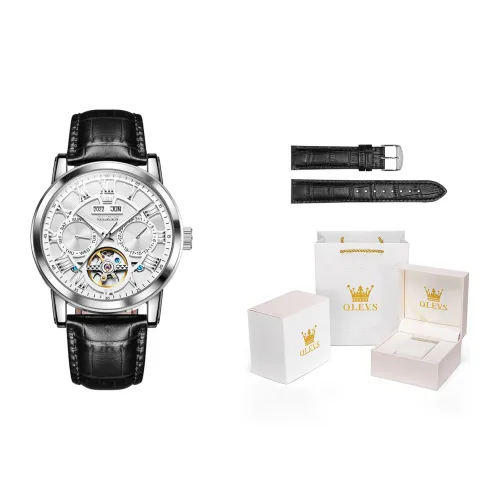 OLEVS Play The Cool Series Автоматический Механический Механизм Кожаный Ремешок Часы Мужские Белый Циферблат