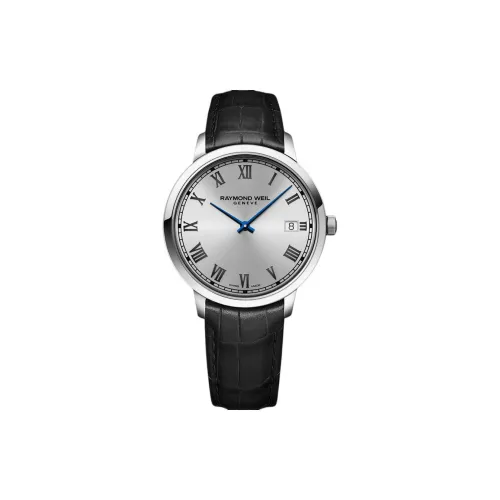 Raymond Weil Кварцевый механизм Мужские часы Часы 42 мм Серебристый циферблат Корпус из нержавеющей стали Ремешок из коровьей кожи