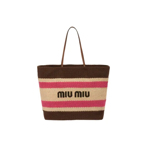 MIU MIU Ткань Тоут Сумка Сумка для покупок Сумка на плечо Женская Естественный с Темно-Кофейным