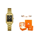 Золотистый стальной браслет, черный циферблат, апельсиновая коробка