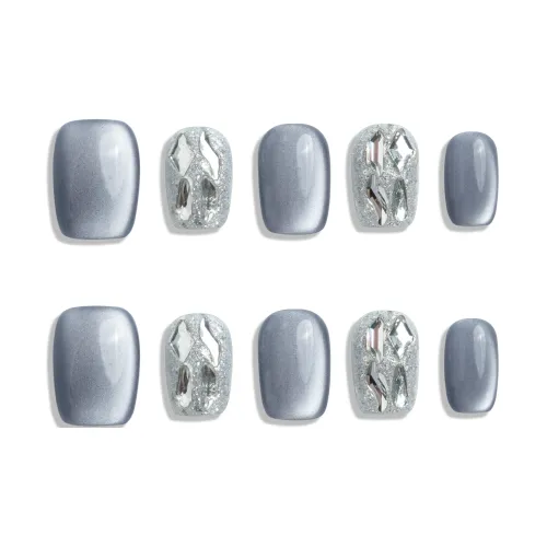 Goodbye Day Синий Кошка Премиум Handcrafted False Nail Короткий Квадрат Blazing Flash Cat Eye 15мм