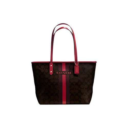 COACH City Zip Tote Холст Плечевая Сумка Женская Темно-Коричневый и Красный