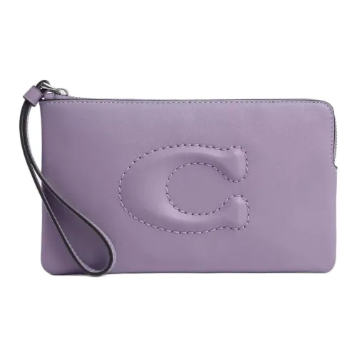 COACH Wristlet Гладкая кожа Клатч Маленький Женский Серебряный и Светло-фиолетовый