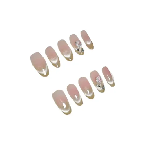 LIANJING [Розовый Любовь] Ручная работа Фальшивые Ногти Премиум Румяна Розовый Cut Циркон Золотой Кошачий глаз Элегантность Nail Art 25mm Овал