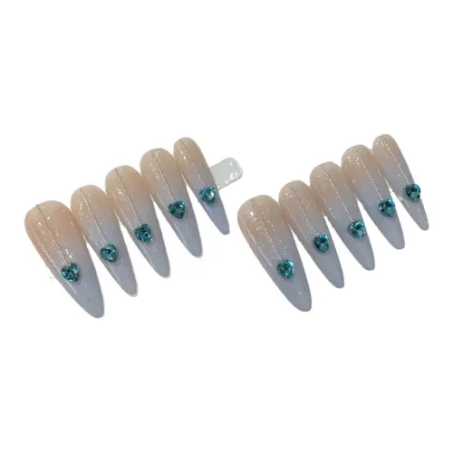 LIANJING [Blue Heart] Handcrafted False Nail Средний Накладной Туманно-голубой Градиентный Роскошный Nail Art 32 мм Заостренный Тип