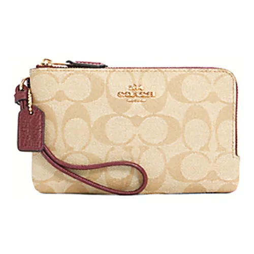 COACH Corner Zip Покрытый холст с кожаными вставками Кошелек Маленький Женский Хаки и Вишнево-красный Многоцветный