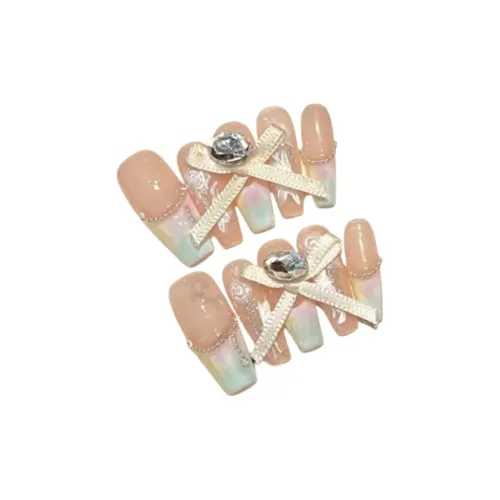 LIANJING [Enchanting Париж] Ручная работа Искусственный Ногтуль Ультра Блестящий Французский Бант Pure Desire Мягкий Ногтевой Арт 30MM Трапециоидальный