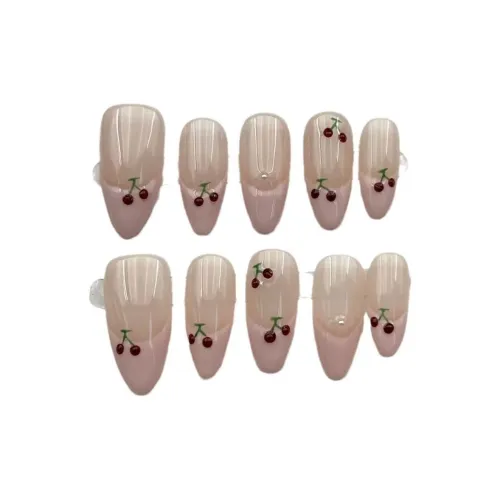 LIANJING [Французский Вишня] Handcrafted False Nail Смешанный Вишня Nail Патч Премиум Телесный Роскошь Французский 25mm Овал