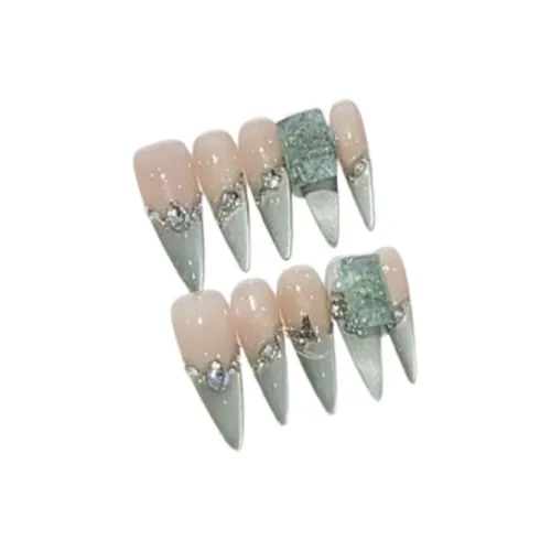 LIANJING [Персидский Девичий] Премиум Мятно-зеленый Кошачий глаз K9 Квадратный Ромб Pure Ручная работа Искусственный Ногтей 32 мм Острый Тип