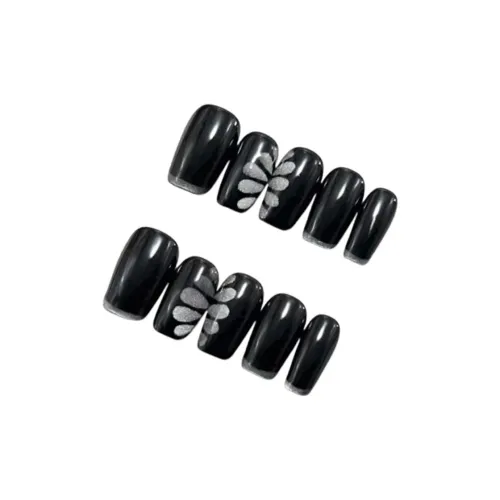 LIANJING [Темно-ночной Bloom] Handcrafted False Nail Укороченный Черный Французский Manicure Ручной работы Городской CHIC Стиль 22mm Квадрат