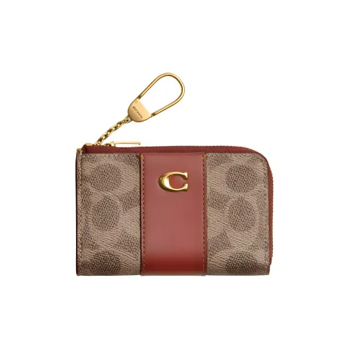 COACH Покрытый холст с телячьей кожей Key Pouch Стандартный Унисекс Латунь и Коричневый