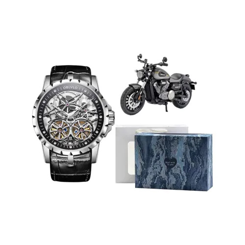 OBLVLO Автоматический Механический Механизм Естественная Кожа Ремешок Часы Мужские Черный Циферблат