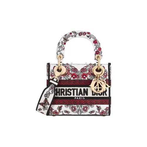 DIOR Lady Dior Ткань Сумка Lady Dior Тоут Сумка Сумка для покупок Сумка на плечо Сумка Мини Women's White Красный