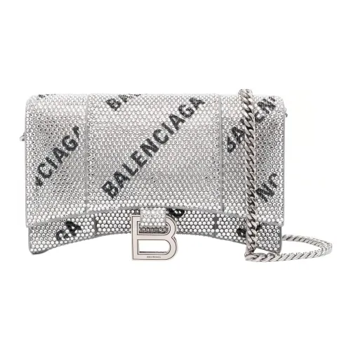 Balenciaga HOURGLASS Телячья кожа Сумка Hourglass с цепным ремешком Кошелек Сумка через плечо Женская серебряная