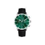 Белый корпус, зеленый циферблат, черный ремешок.