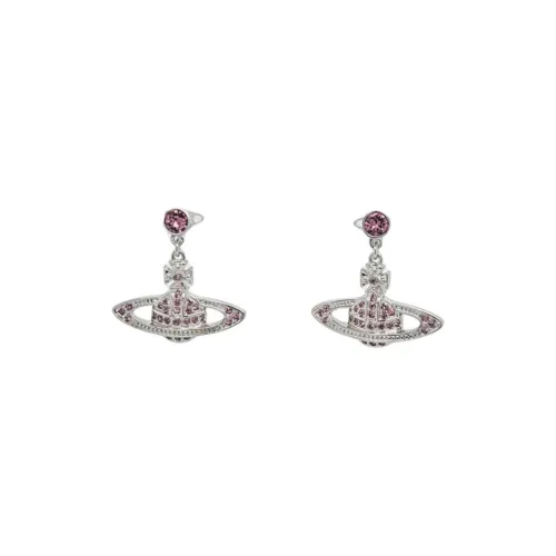 Vivienne Westwood Crystal Saturn Styling Pendant Stud Earrings Unisex Silver Magenta Purple