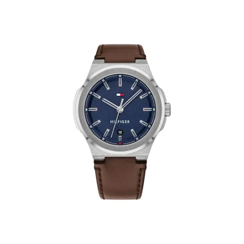 Tommy Hilfiger Мужские часы Кварцевый механизм Кожаный ремешок 44 мм Синий циферблат