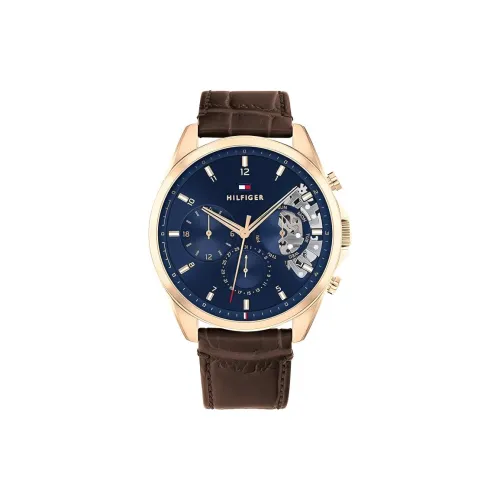 Tommy Hilfiger Мужские часы Кварцевый механизм Кожаный ремешок 43,5 мм Синий циферблат