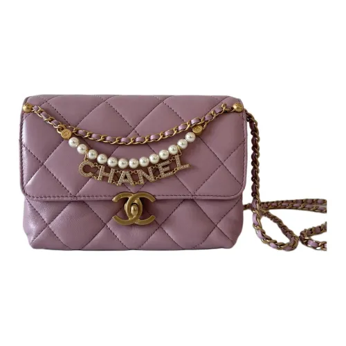 CHANEL Classic Flap CF Artificial Pearl Shiny Lambskin Flap Bag Crossbody Mini Women's Pink Purple