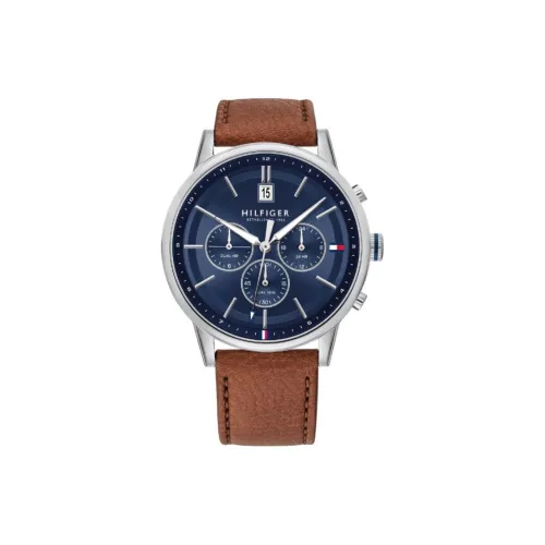 Tommy Hilfiger Мужские часы Кварцевый механизм Кожаный ремешок 44 мм Синий циферблат