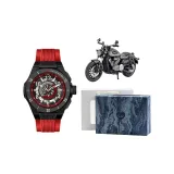 Красный корпус, белый циферблат, красный ремешок - [Подарочный набор коробка + украшение байкер]