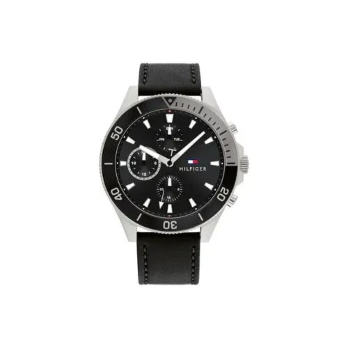 Tommy Hilfiger Мужские часы Кварцевый механизм Кожаный ремешок 46 мм Черный циферблат