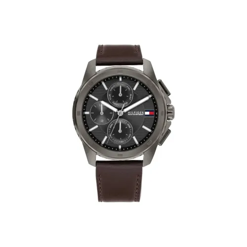 Tommy Hilfiger Мужские часы Кварцевый механизм Кожаный ремешок 44 мм Черный циферблат