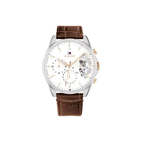 Tommy Hilfiger Мужские часы Кварцевый механизм Кожаный ремешок 43,5 мм Белый циферблат