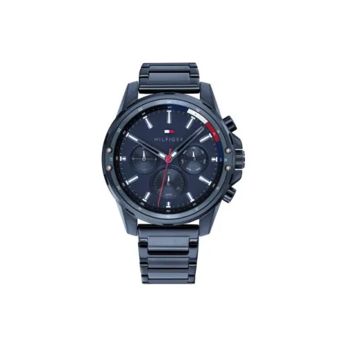 Tommy Hilfiger Мужские часы Кварцевый механизм Ремешок из нержавеющей стали 45 мм Синий циферблат
