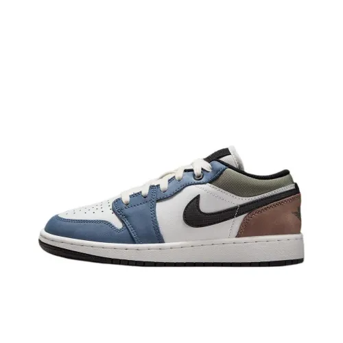 Jordan Air Jordan 1 Нижняя юбка Устойчивая к истиранию Низкий топ Детские баскетбольные кроссовки Белый Синий